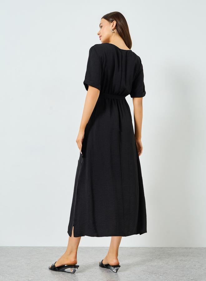 Take Two Black Short Sleeve Wait Tie Midi Dress - Image 5